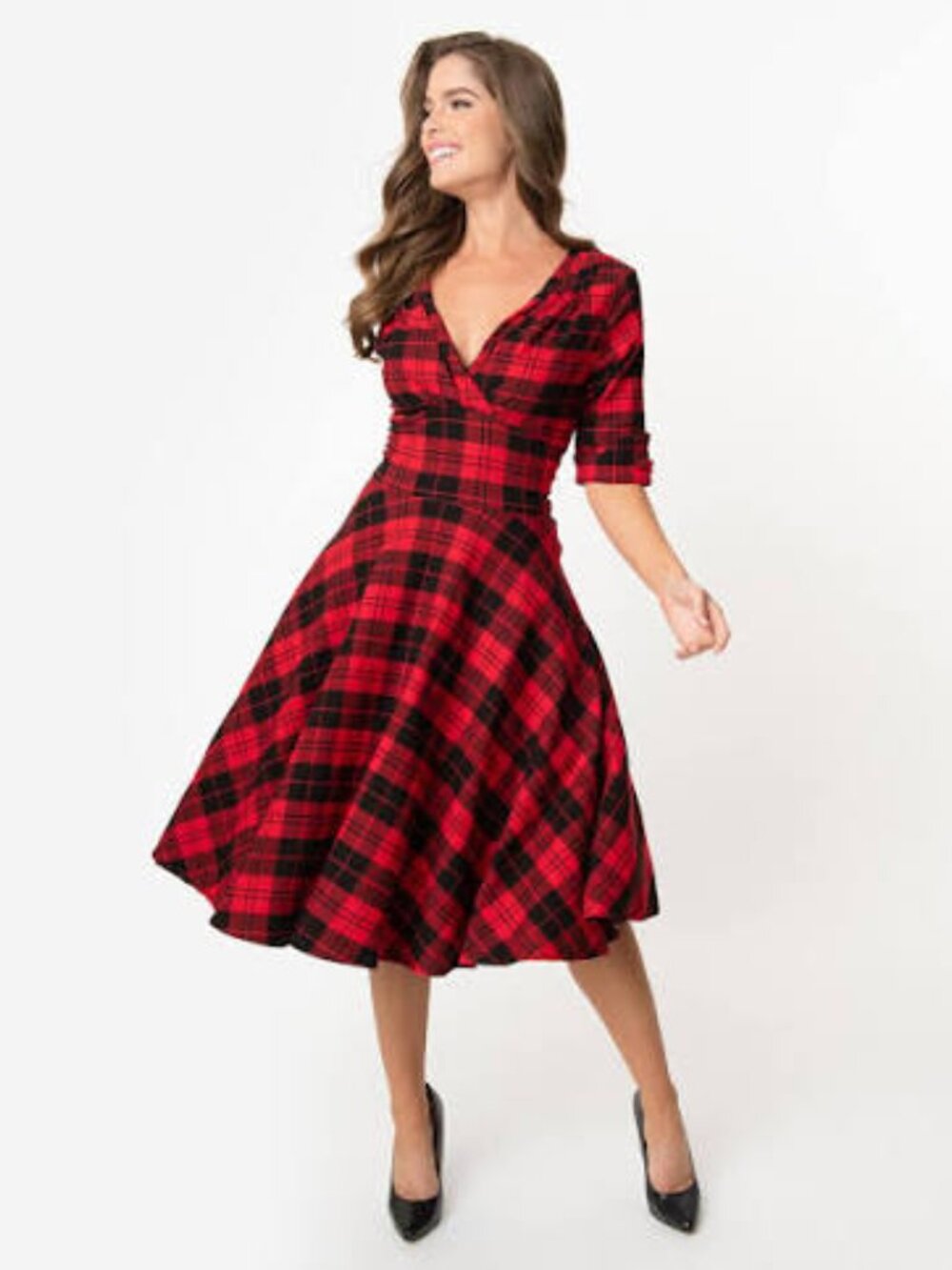 Unique Vintage Devon Swing Dress Plaid Midi Red & Black Medium
